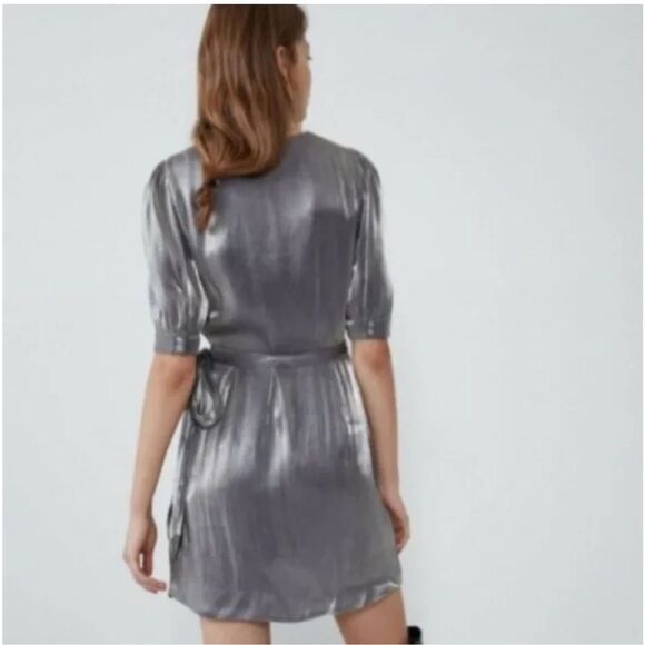 NWOT Zara Metallic Silver Laminated Pewter Wrap Mini Dress Sz XS - Picture 5 of 11